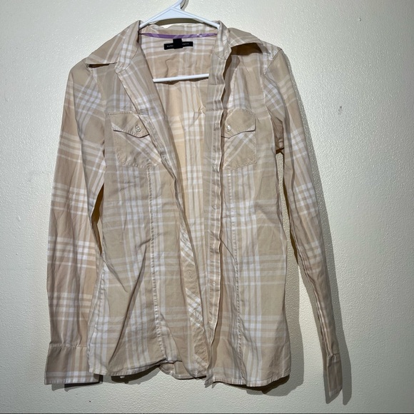 Banana Republic Tops - Banana republic women’s button down shirt beige w white stripes, size S